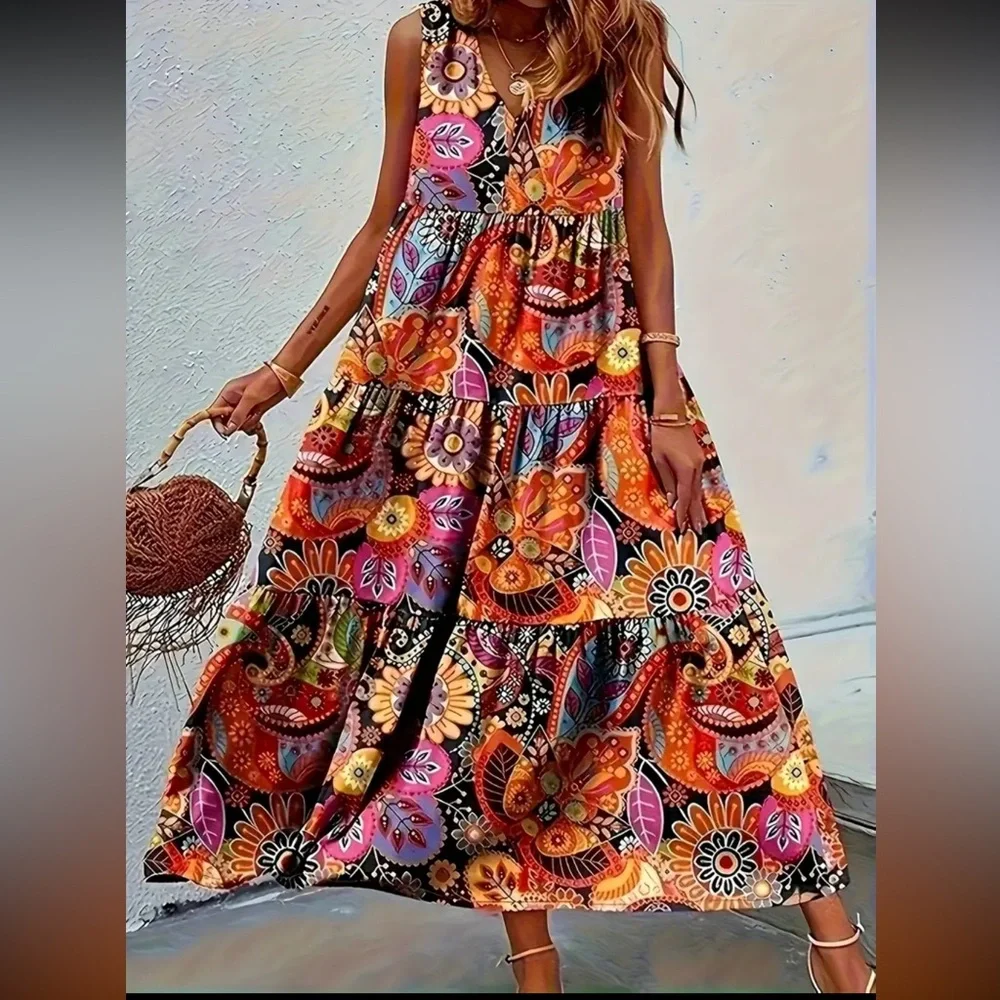 TIERED FLORAL PRINT V-NECK SLEEVELESS MAXI DRESS